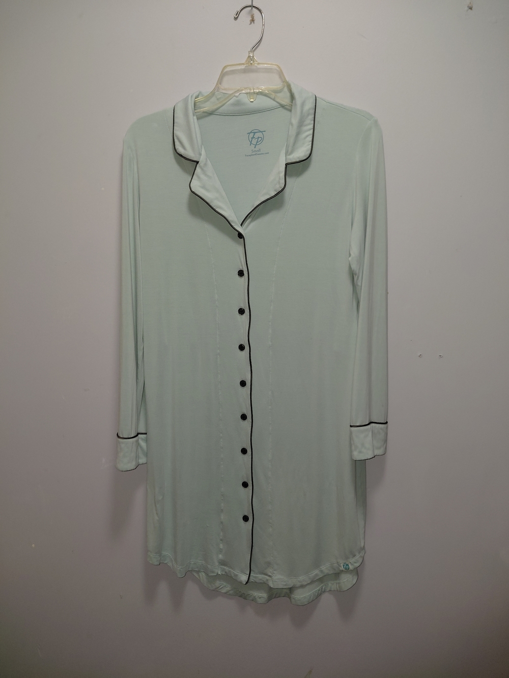 Faceplant Dreams Soft Mint Button-Down Nightshirt with Dark Green Piping Small